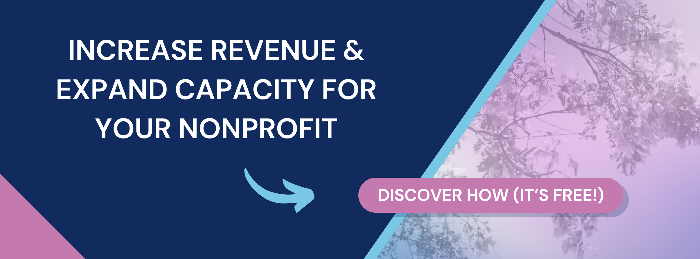 A clickable blue and pink banner reading: Increase revenue and expand capacity for your nonprofit. Discover how (it's free)!